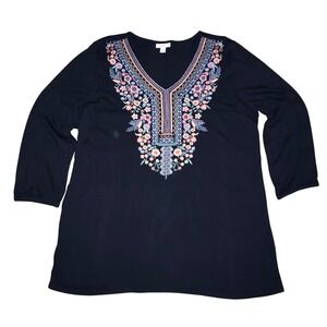 J. Jill Navy Blue Floral Embroidered Split Neck Tunic Top 3/4 Sleeve Large